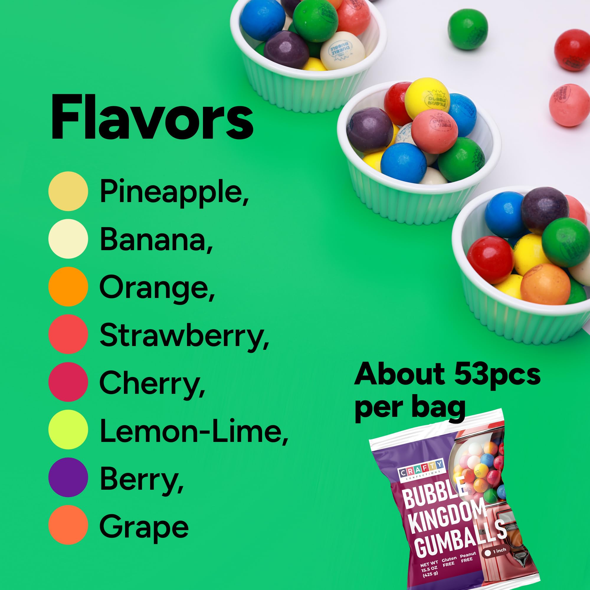 Crafty Confections 1-inch gumballs add vibrant color to cakes and goody bags.