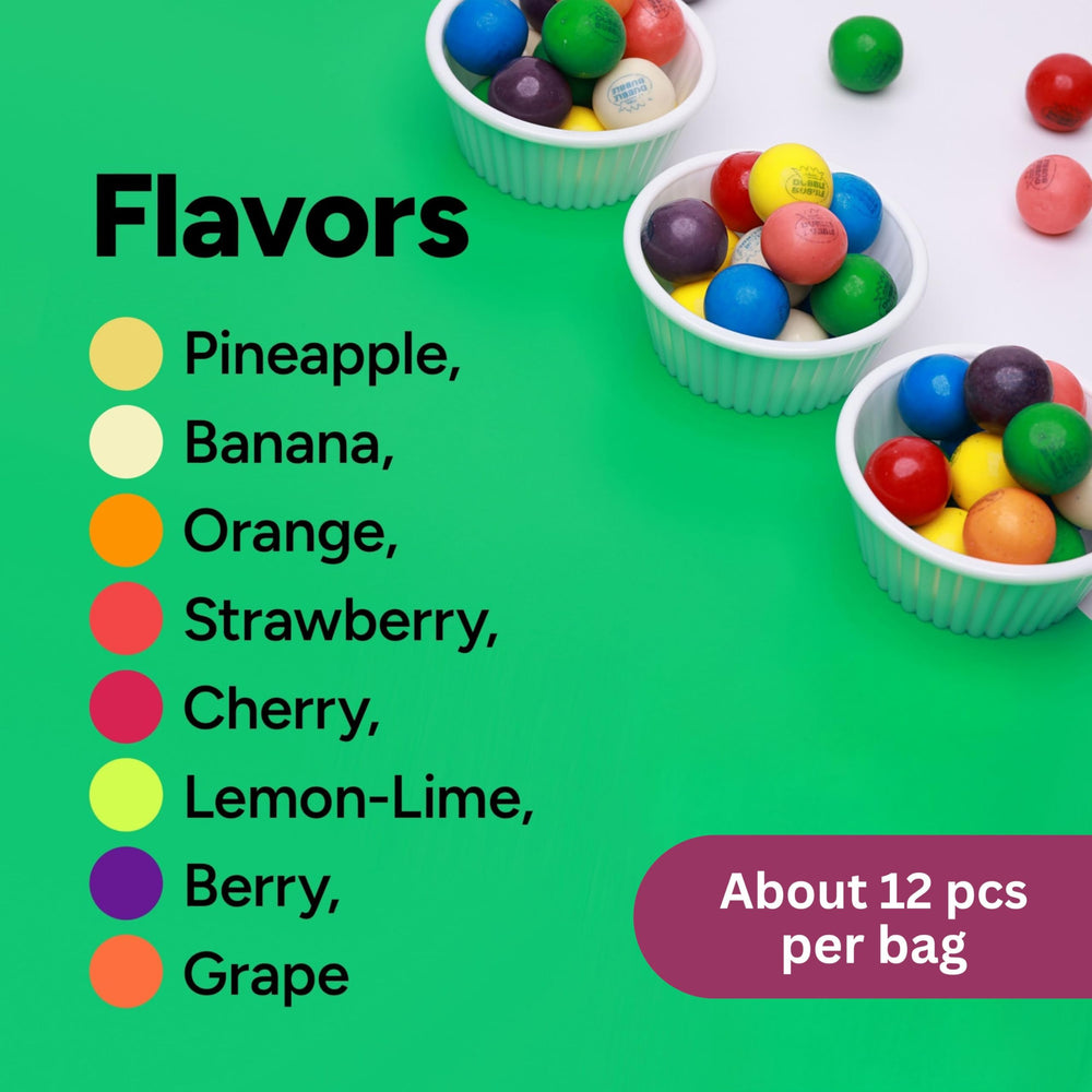 Crafty Confections fruit-flavor bubble gum close-up shows vivid hues and juicy taste.