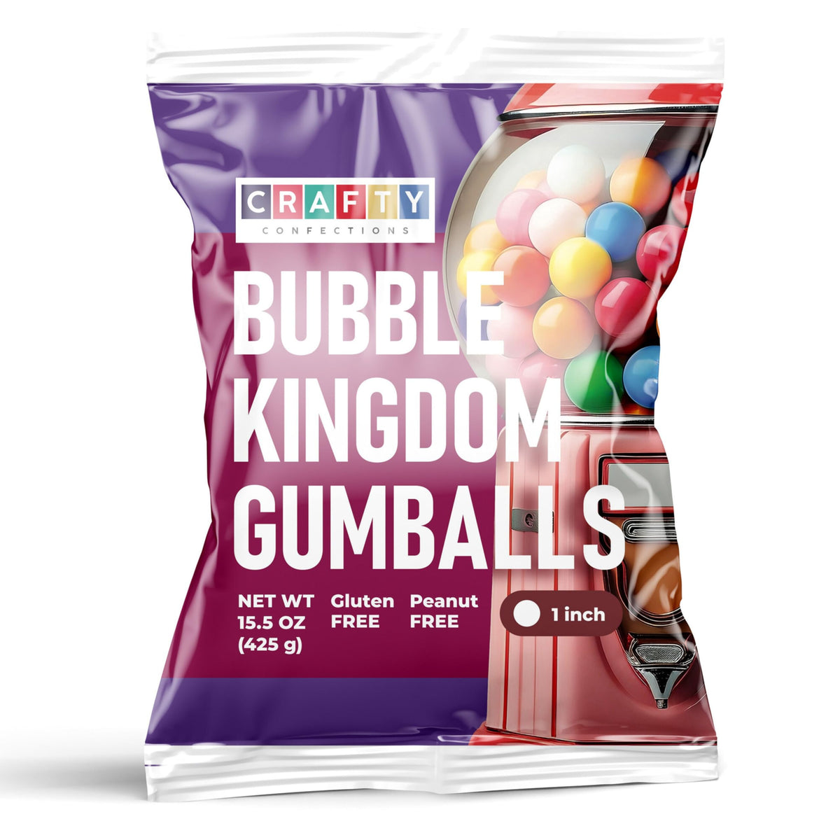 Crafty Confections kids gumballs in 1 inch size bursting with eight flavors.