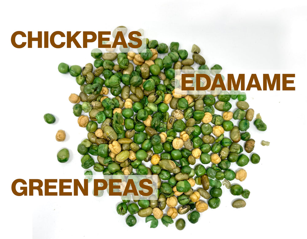 Closeup of roasted edamame and chickpeas in a Crait bag, bold crunch