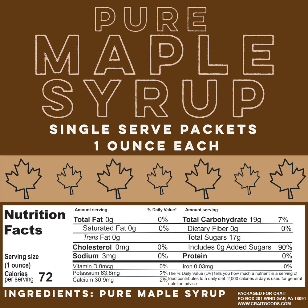 Crait single-serve 1oz maple syrup packets for on-the-go meals.