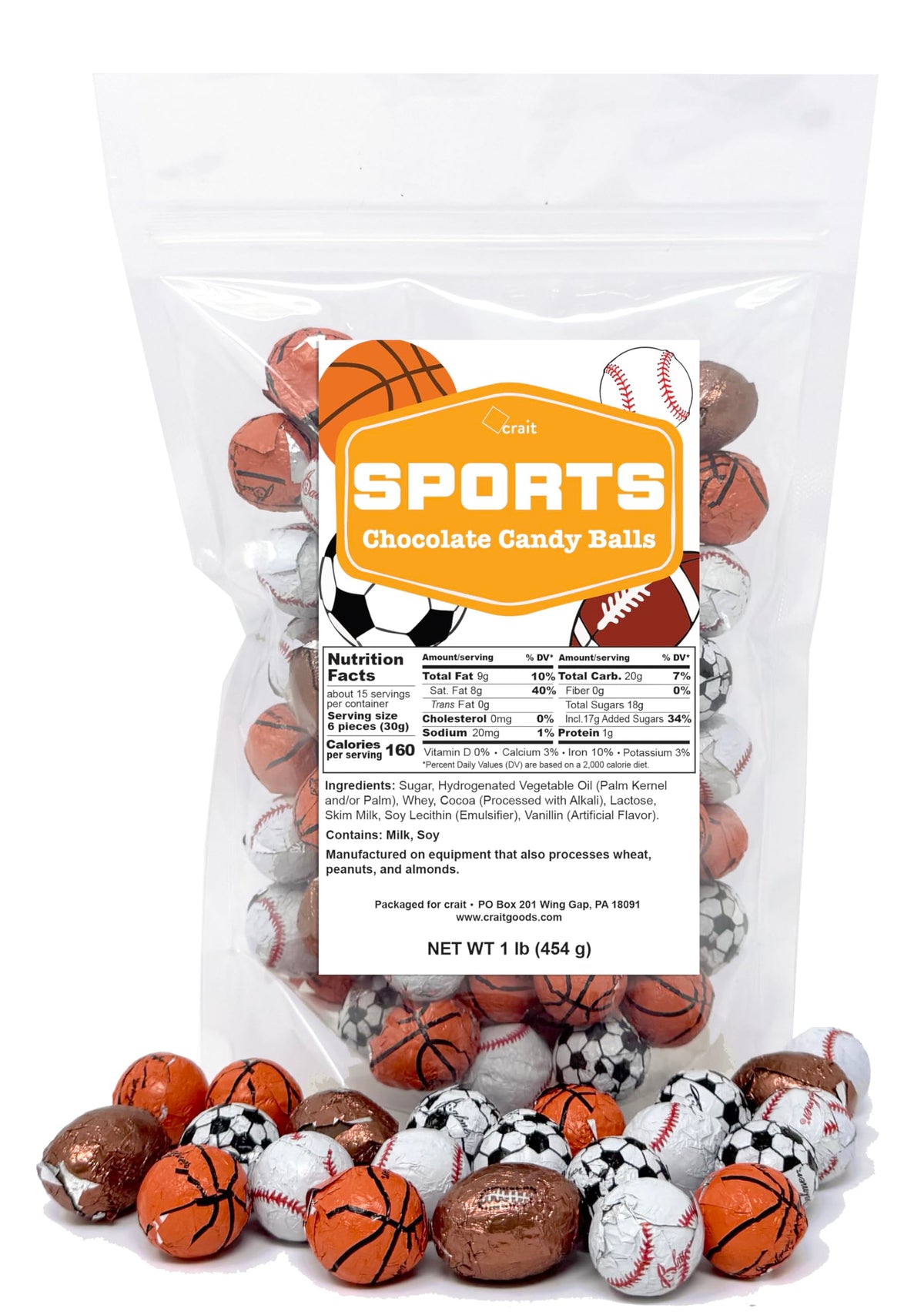 Crait Sports Chocolates 1lb bag featuring bite-size milk chocolates for game-day snacking.