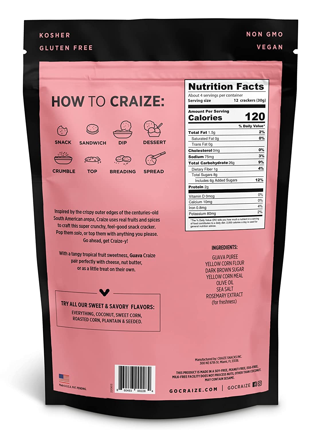 Craize Guava Crisps close-up reveals toasted corn texture and guava specks.