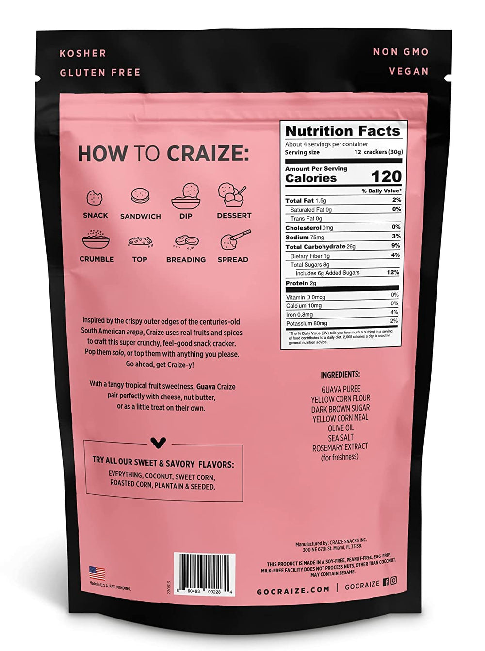 Craize Guava Crisps close-up reveals toasted corn texture and guava specks.