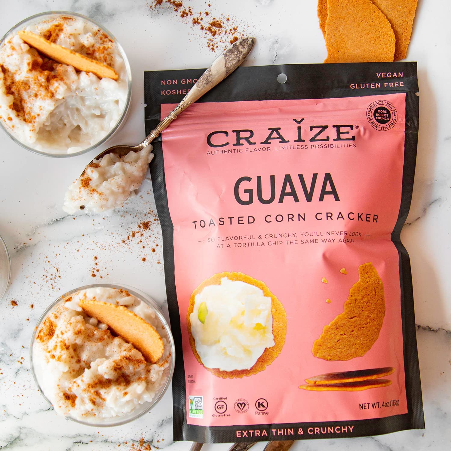 Craize Guava Crisps gluten-free, vegan, kosher certification visible.