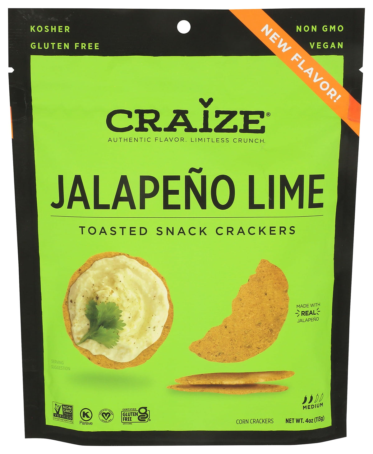 Craize Jalapeño Lime crackers close-up highlighting zesty flavor for on-the-go snacking.