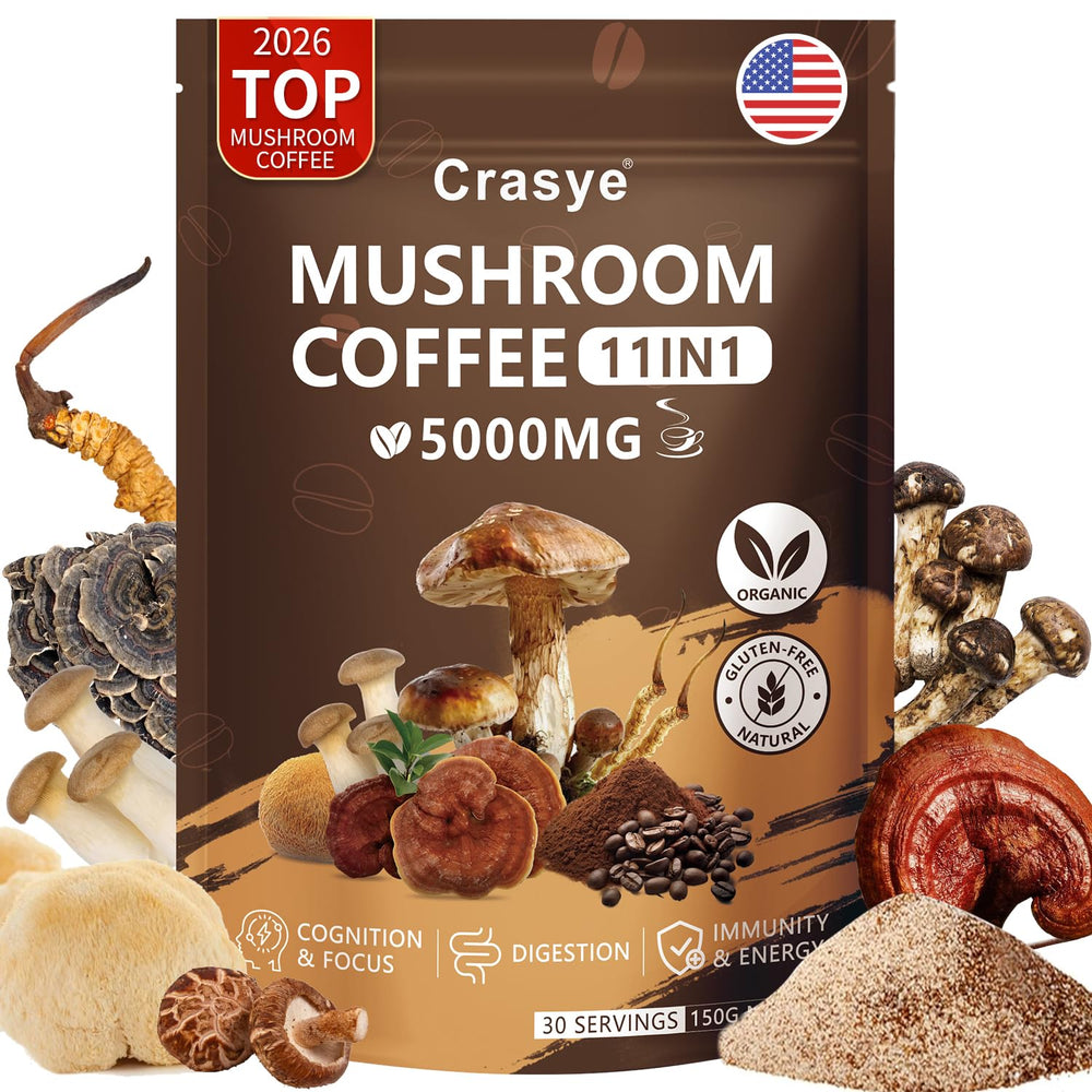 Crasye Organic Low Caffeine Mushroom Coffee bag showing blend for gentle focus and steady energy