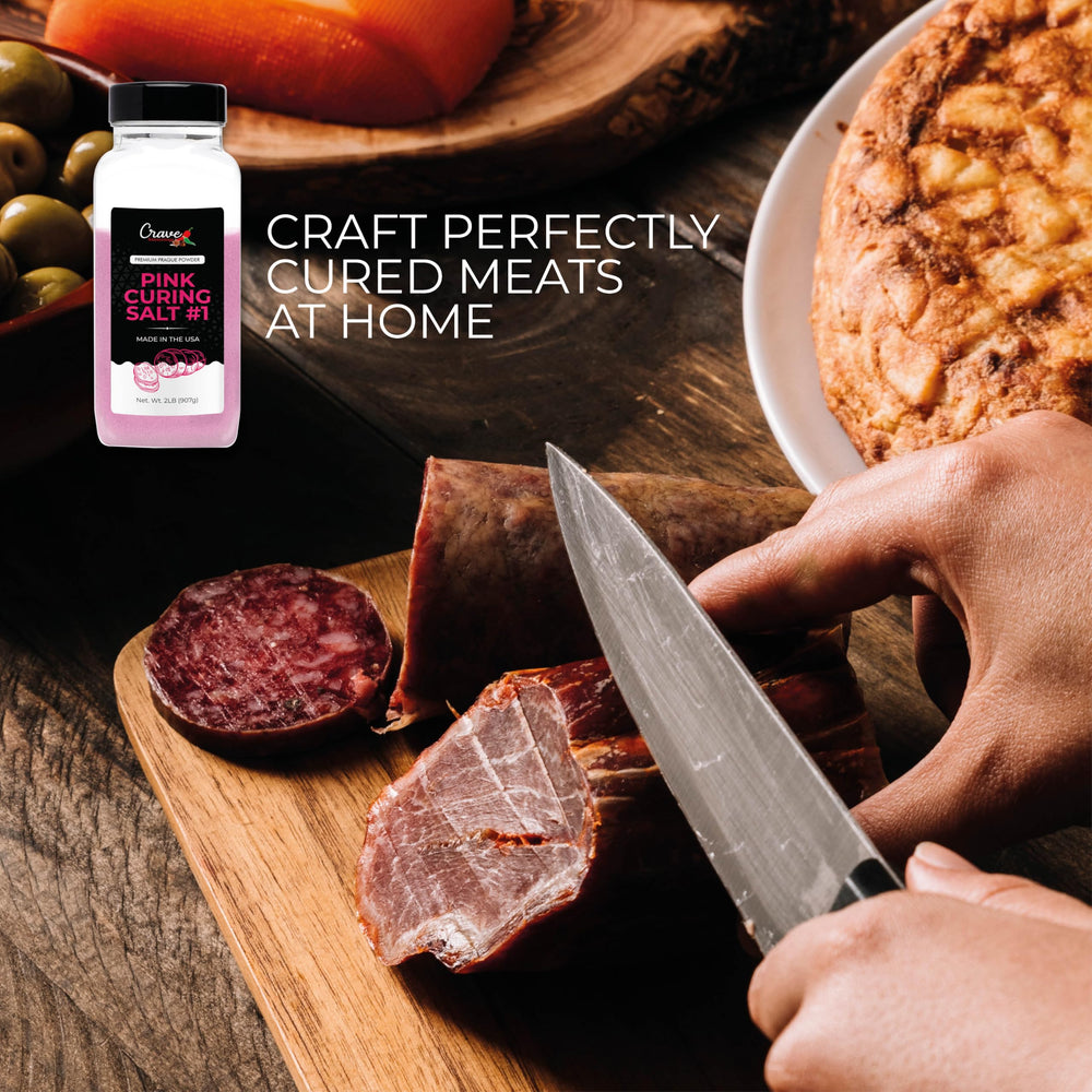 Crave Pink Curing Salt #1 beside bacon slices for flavor and preservation