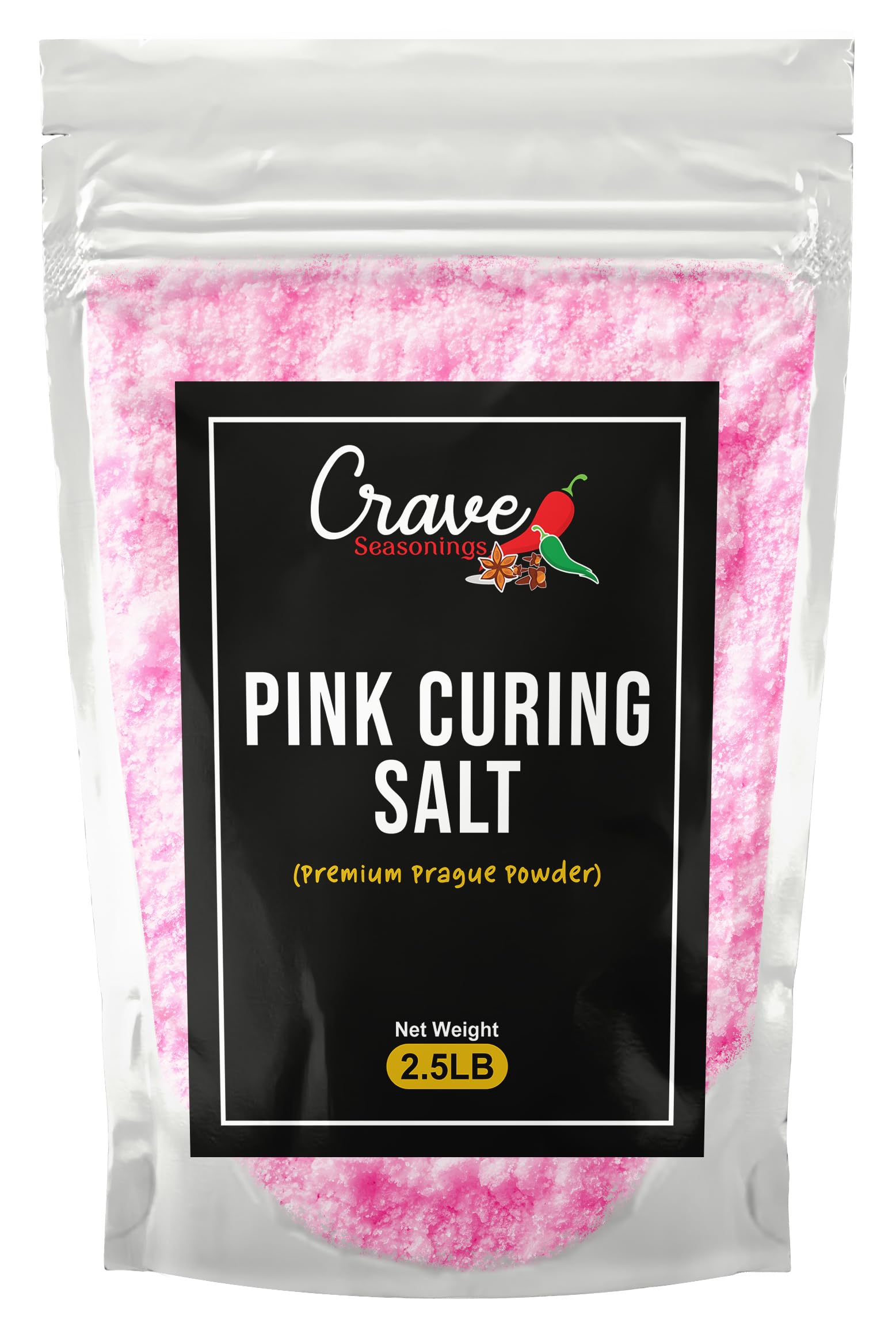 Crave Pink Curing Salt #1 bag label highlights product and DIY meat curing.