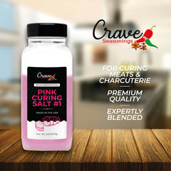 Crave Pink Curing Salt #1 jar back label with ingredients and usage tips