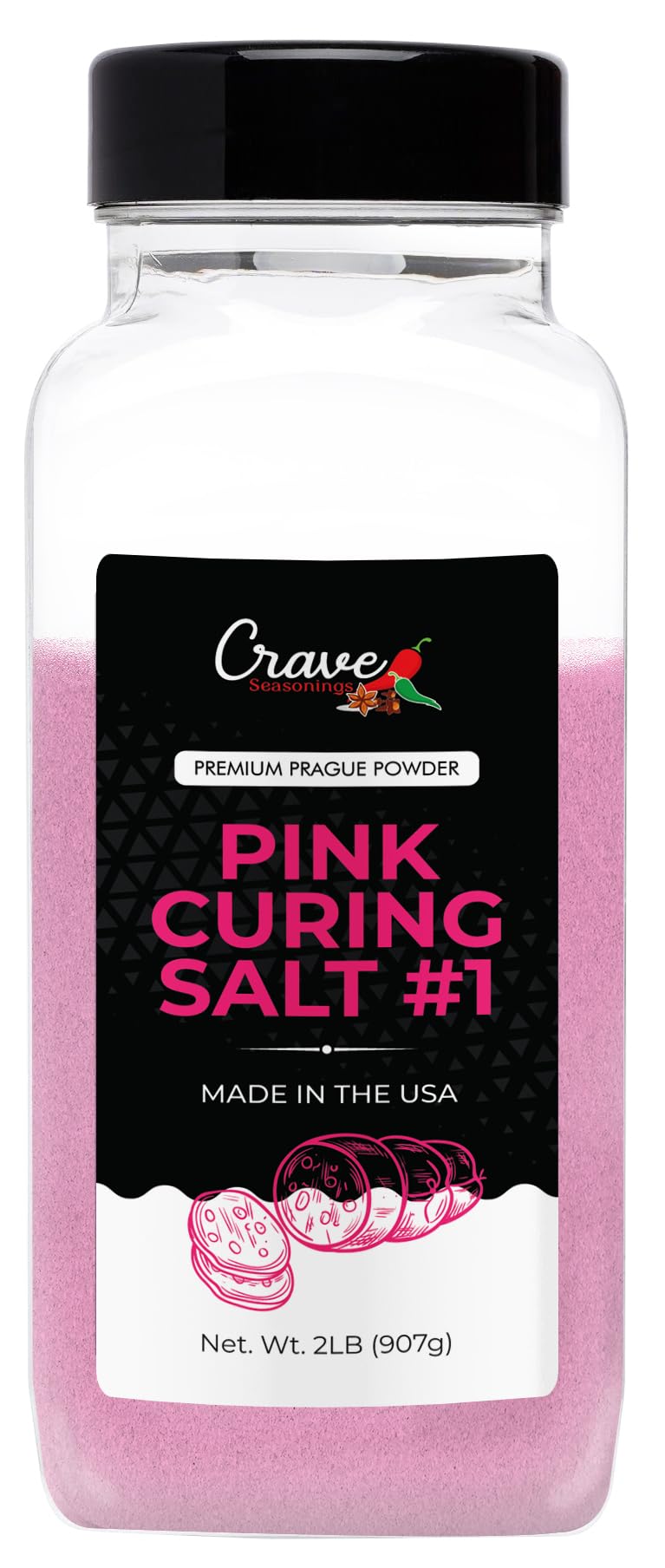 Crave Pink Curing Salt #1 jar front label showing curing formula for meats