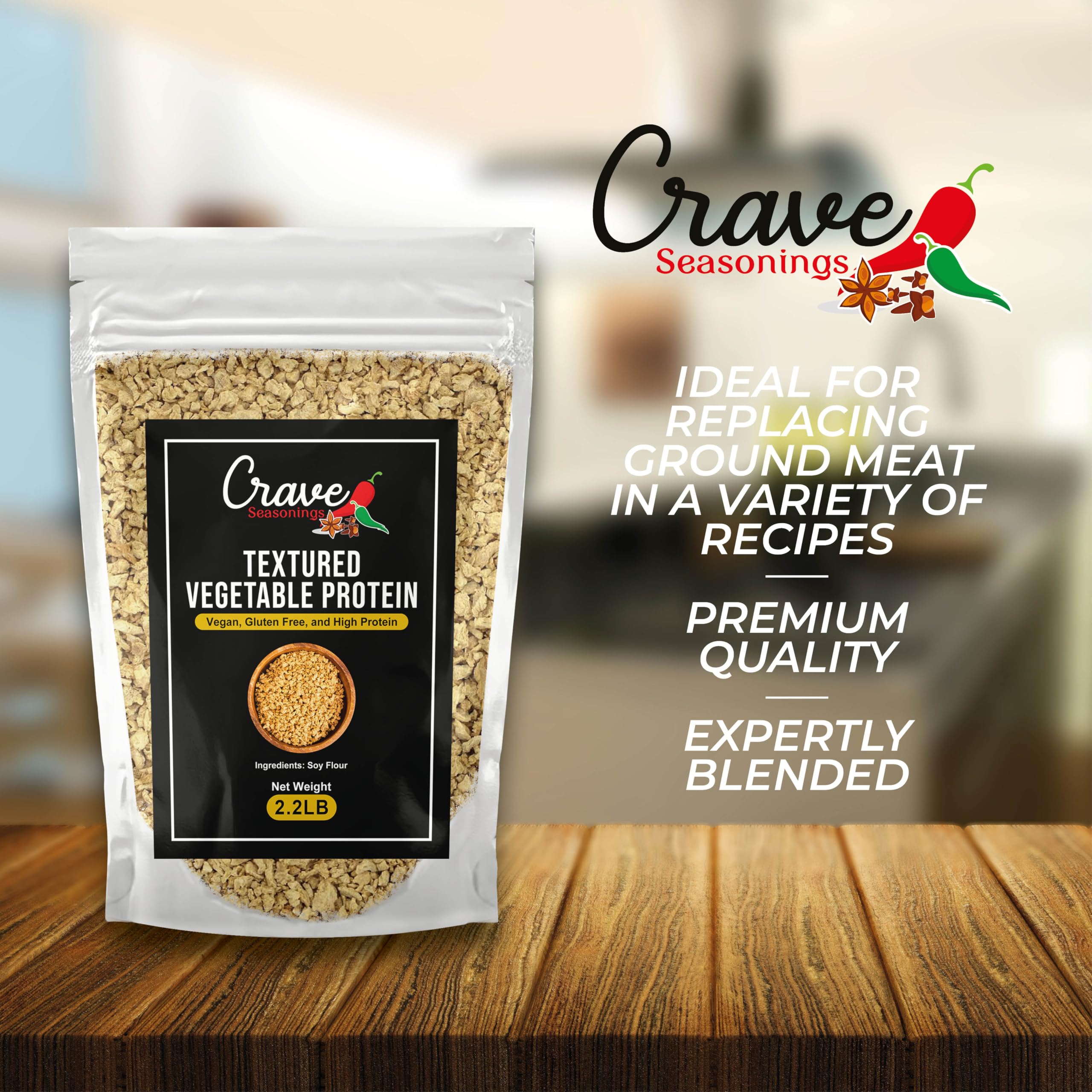 Crave Textured Vegetable Protein chunks in a dry bag close-up, ideal for protein-packed fillings