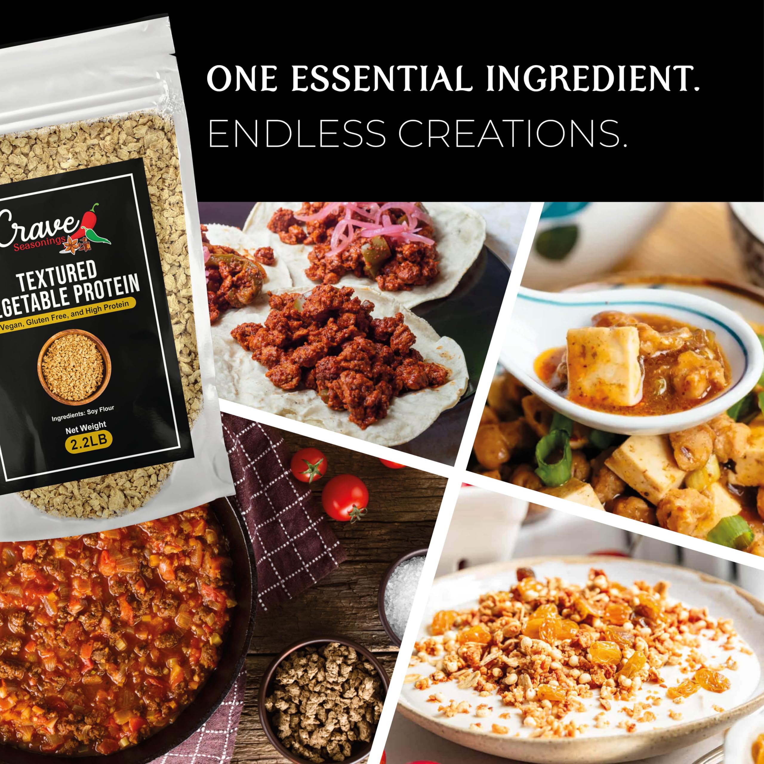 Crave Textured Vegetable Protein cooking bowl with sauce, absorbs flavors well