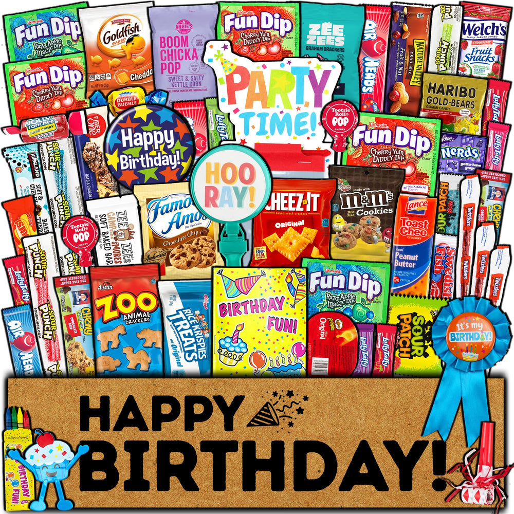 CRAVEBOX Birthday Care Package contents showcase a vibrant snack assortment for celebrations.