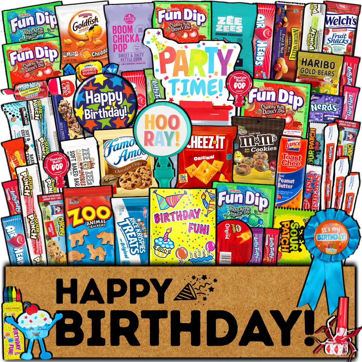 CRAVEBOX Birthday Care Package contents showcase a vibrant snack assortment for celebrations.