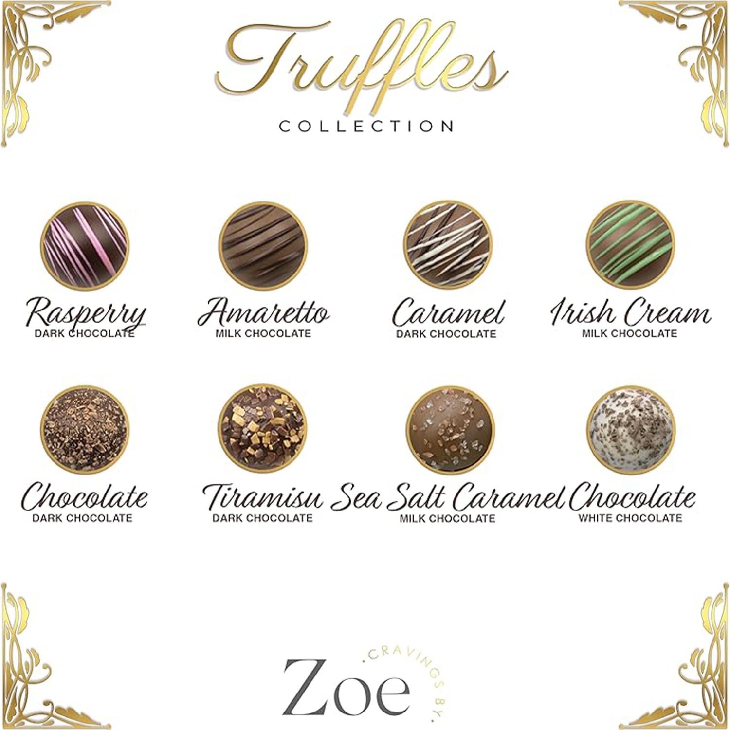 CRAVINGS BY ZOE gift box interior eight truffles, showcasing premium fillings.
