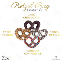CRAVINGS BY ZOE pretzels dipped in milk chocolate closeup highlighting luxurious chocolate coating.