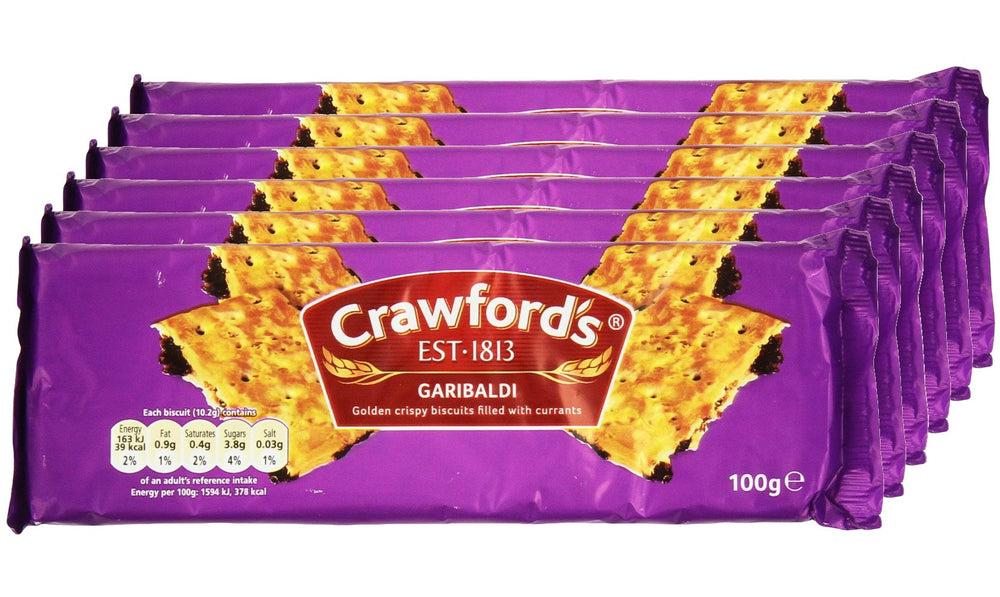Crawfords Garibaldi Biscuits pack-6 on a table, ideal tea-time companion.