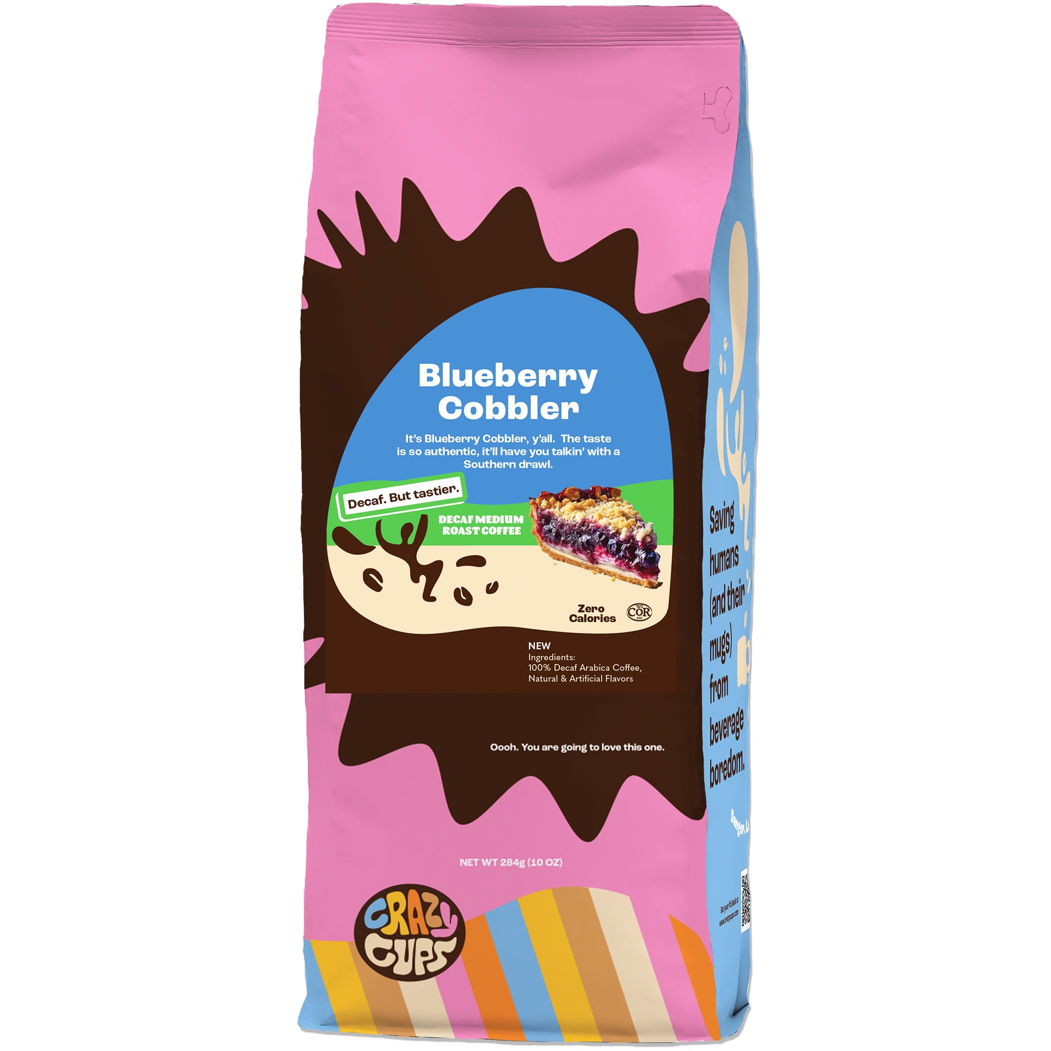 Crazy Cups blueberry cobbler ground coffee in a 10 oz bag for flavorful mornings