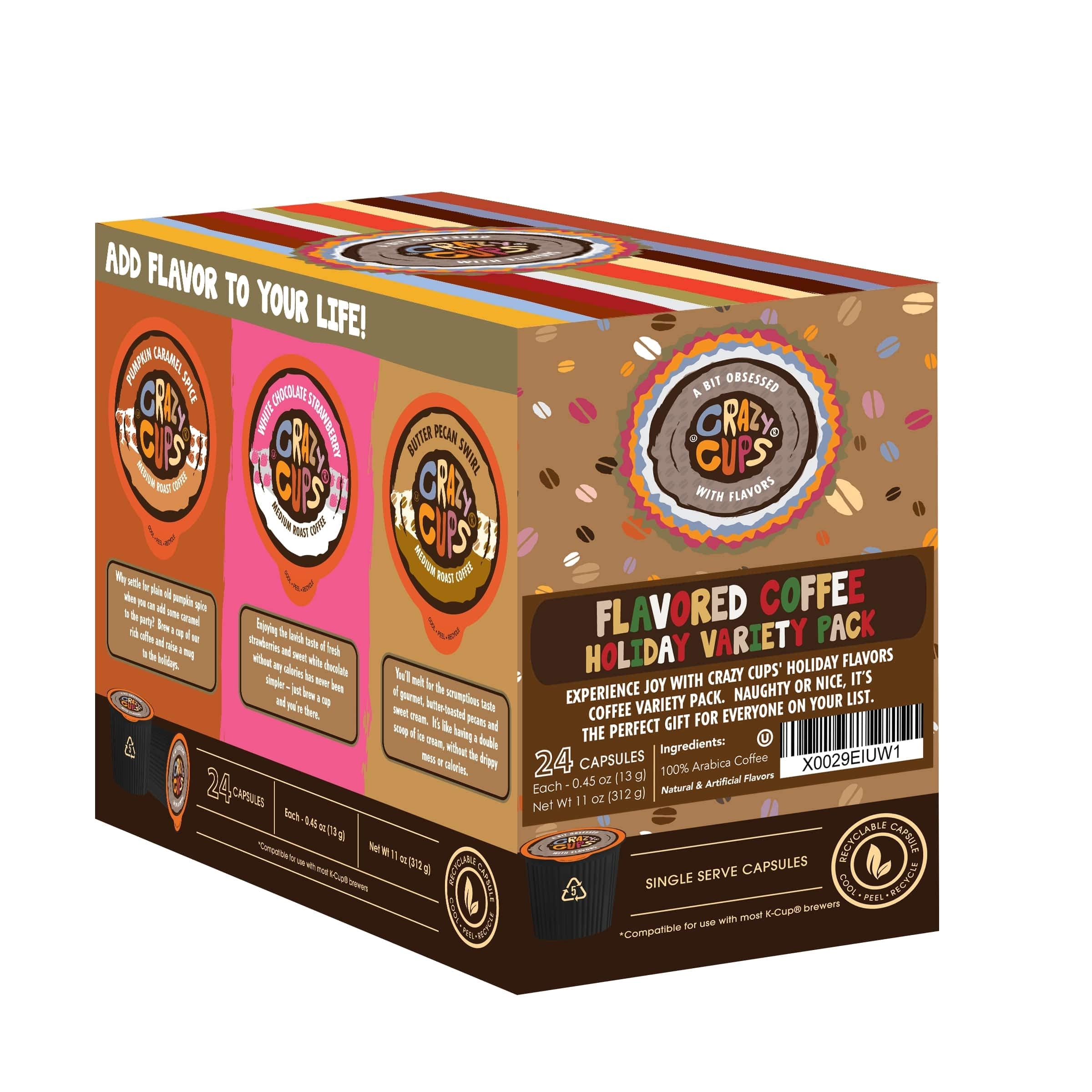 Crazy Cups butter pecan coffee pod with nutty, roasted notes.