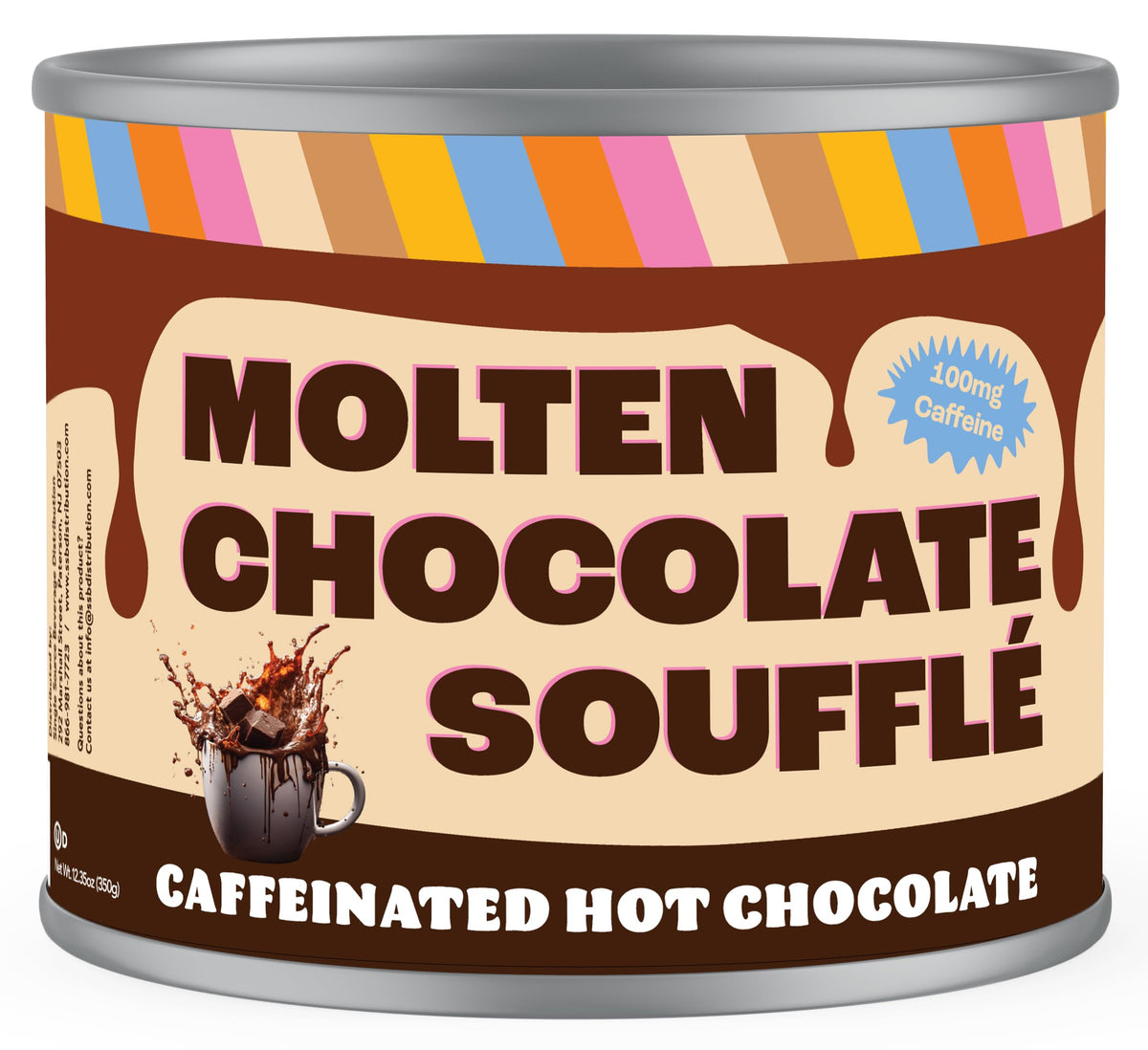 Crazy Cups caffeinated molten chocolate souffle hot cocoa canister, perfect for cozy evenings.