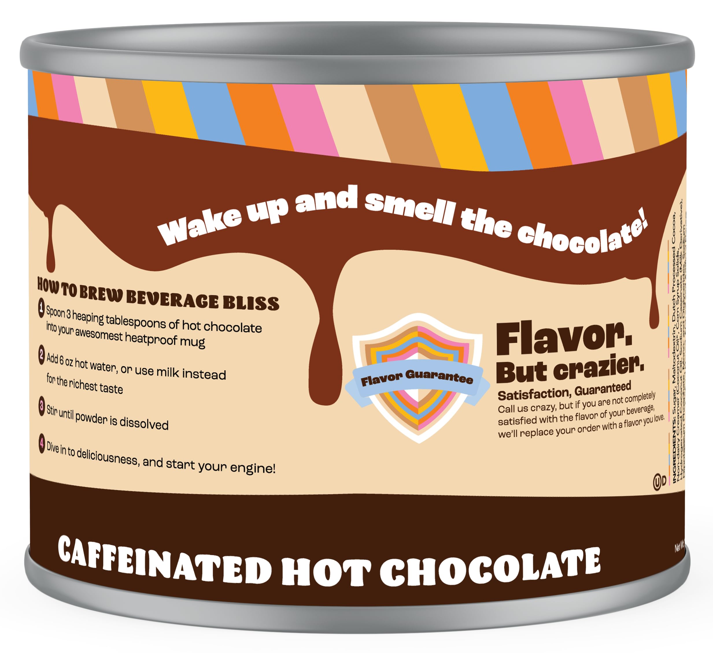 Crazy Cups hot cocoa label close-up highlights premium ingredients for velvety sip.