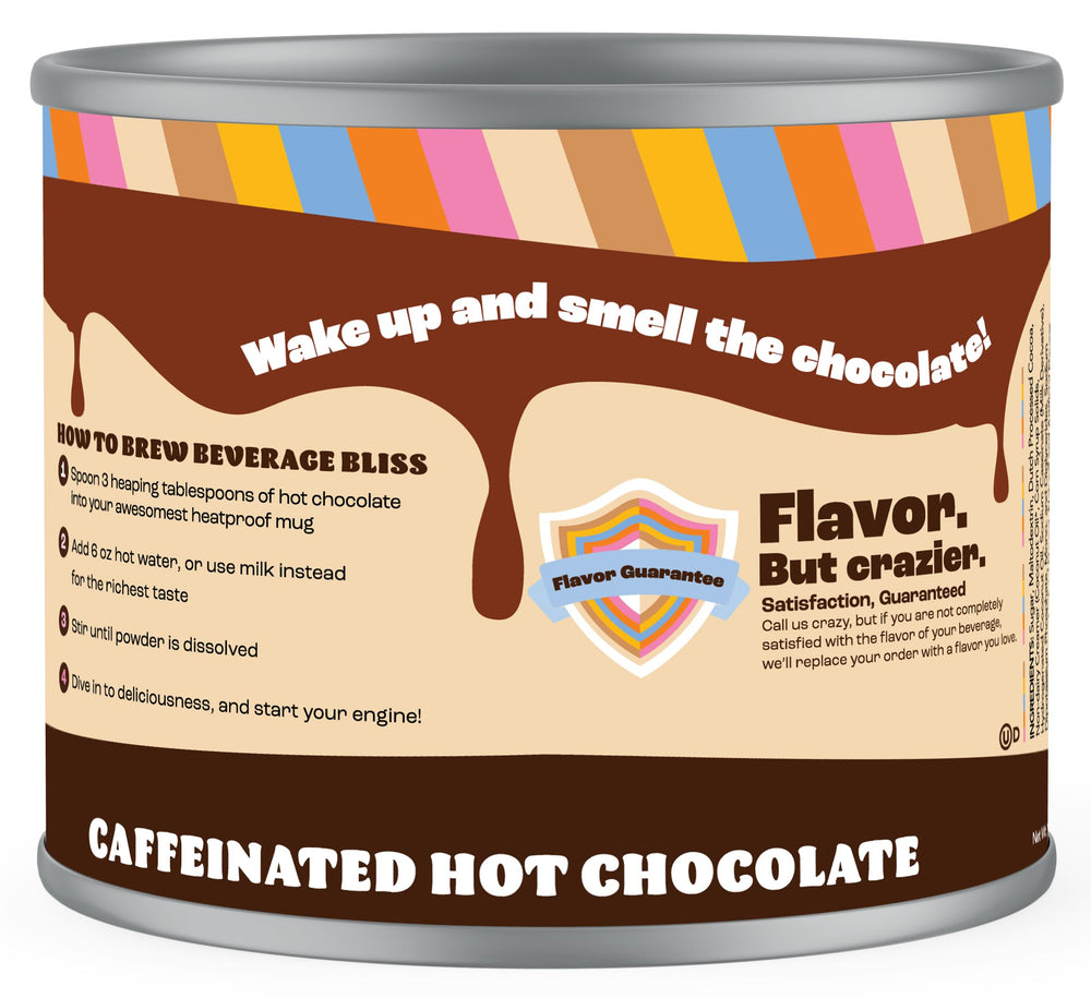 Crazy Cups hot cocoa label close-up highlights premium ingredients for velvety sip.