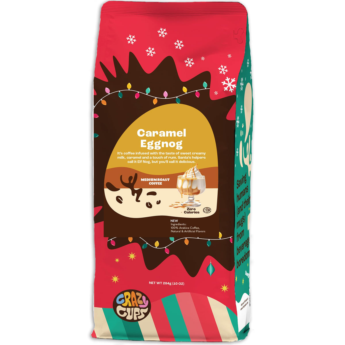 Crazy Cups caramel eggnog coffee bag ready for holiday brews with rich aroma.