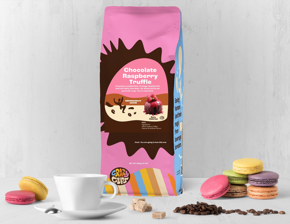 Crazy Cups ground coffee close-up shows natural flavors and allergen-free profile.