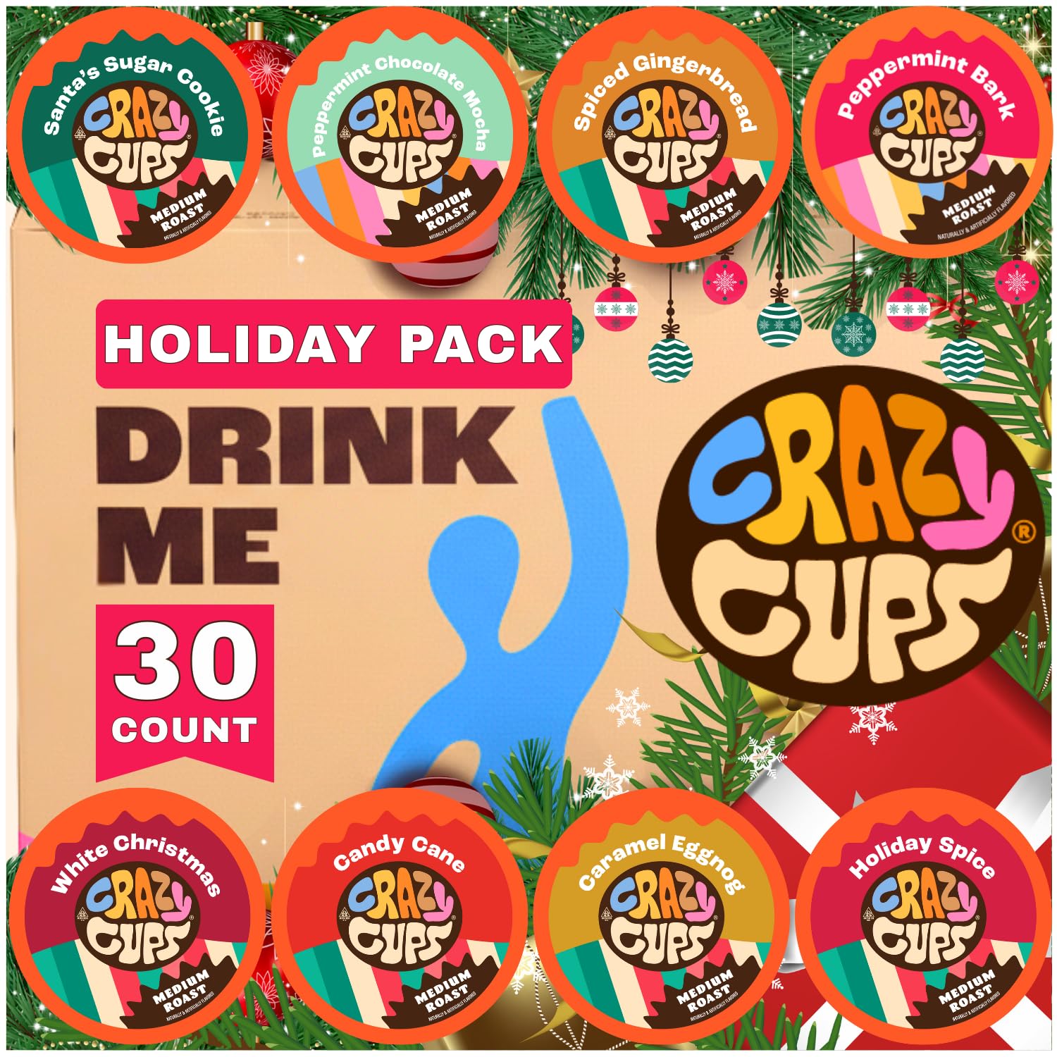 Crazy Cups Christmas coffee pods box for Keurig, convenient multi-flavor sampler.
