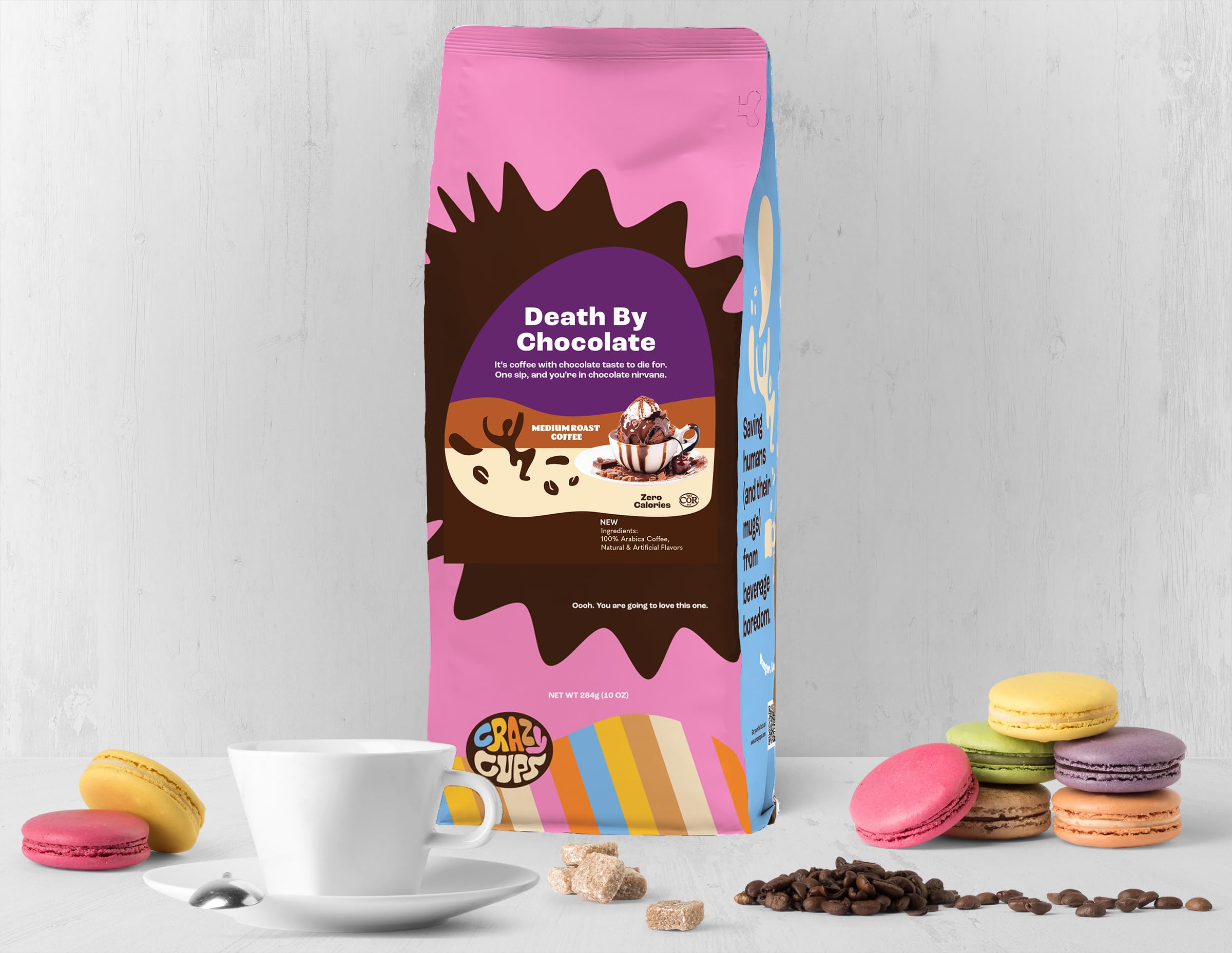 Crazy Cups Death By Chocolate cup steaming to highlight decadent flavor.