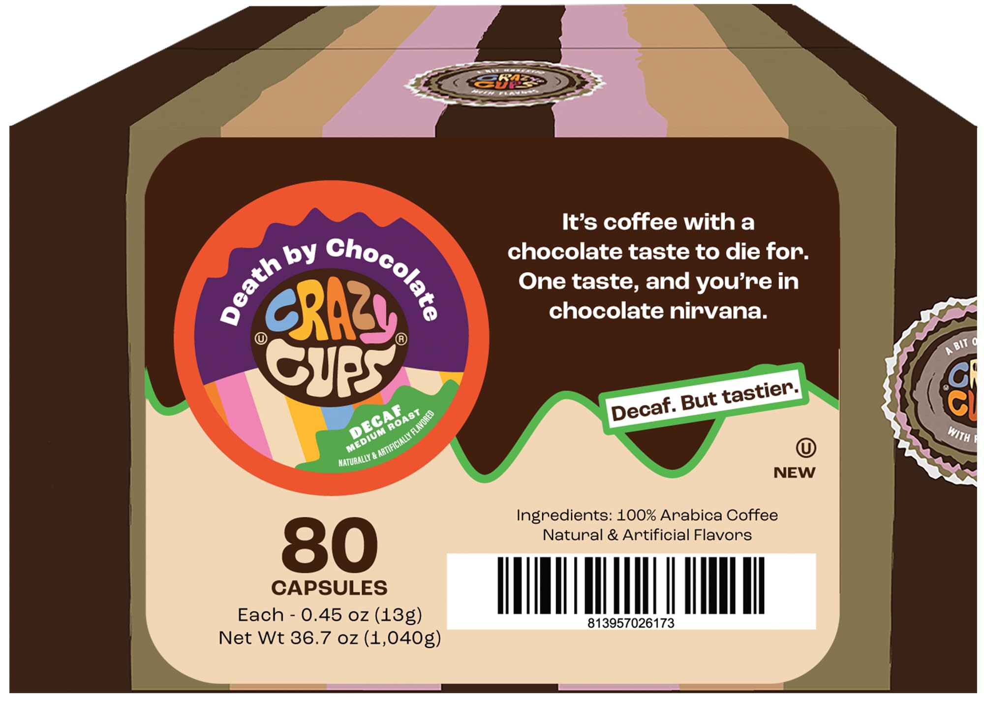 Crazy Cups Death by Chocolate decaf pods brewing in a cup.