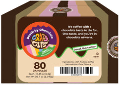 Crazy Cups Death by Chocolate decaf pods brewing in a cup.