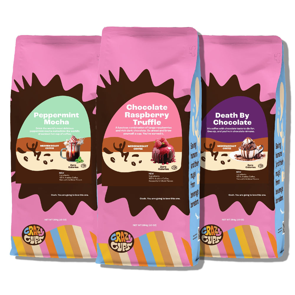 Crazy Cups Death By Chocolate ground coffee—calorie-free and rich chocolate profile