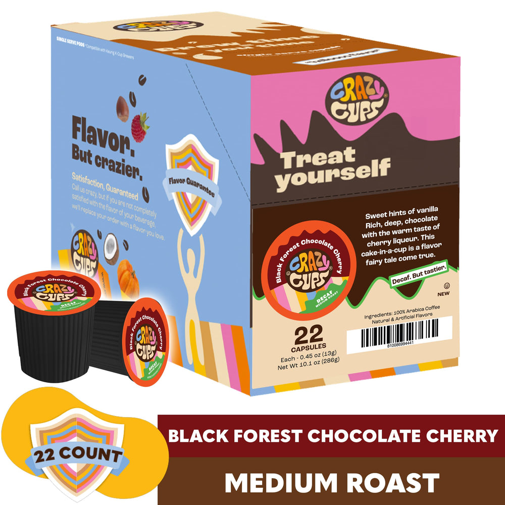 a mug shows the rich chocolate cherry aroma from crazy cups decaf pod