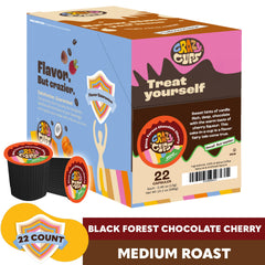 a mug shows the rich chocolate cherry aroma from crazy cups decaf pod