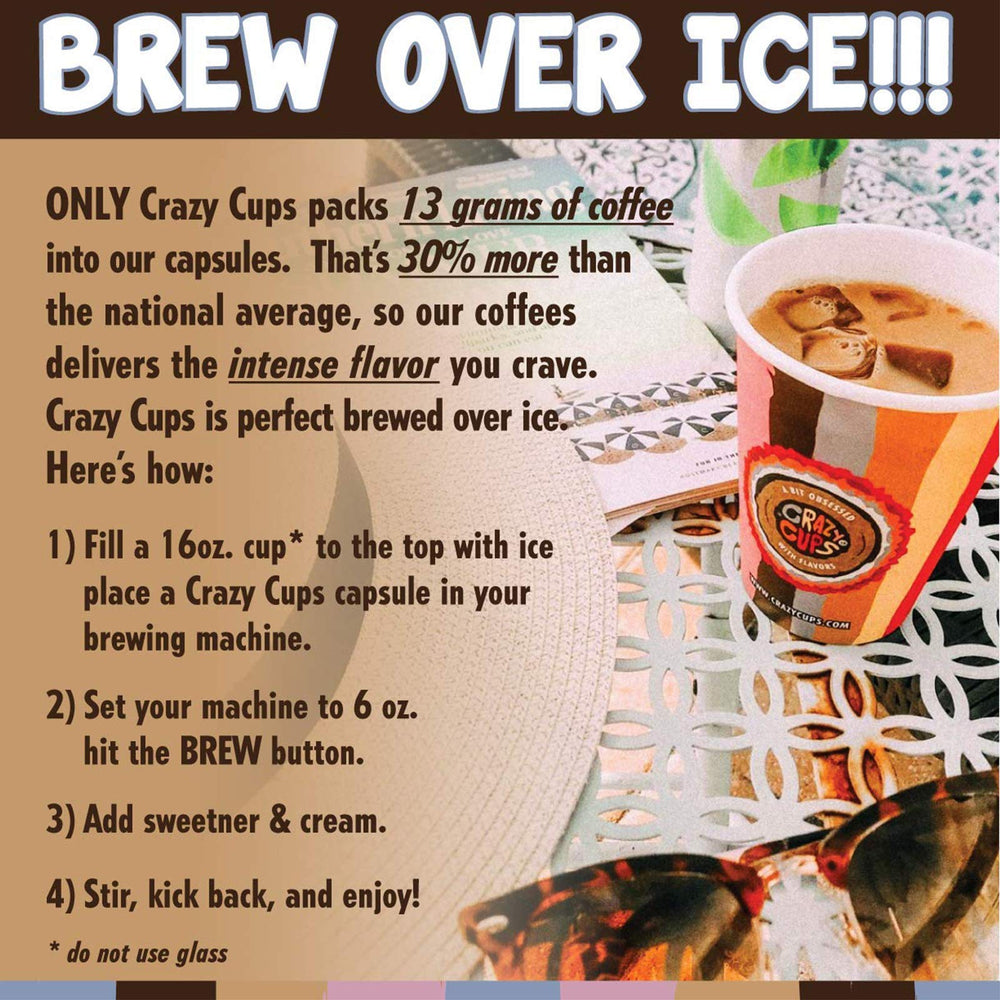close-up of crazy cups decaf black forest cherry pod brewing in a keurig-style machine