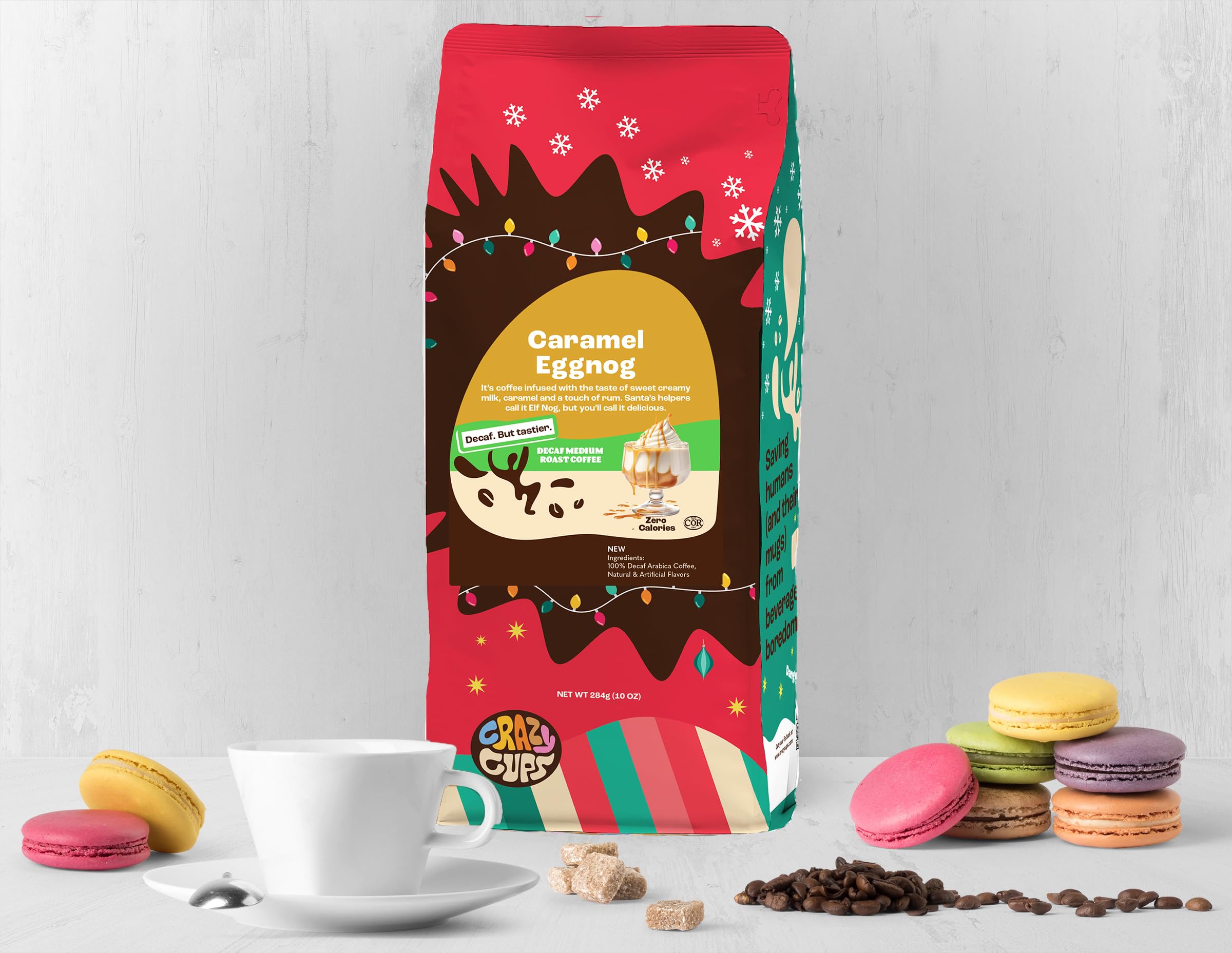 Crazy Cups decaf caramel eggnog pour highlighting rich, caffeine-free flavor.