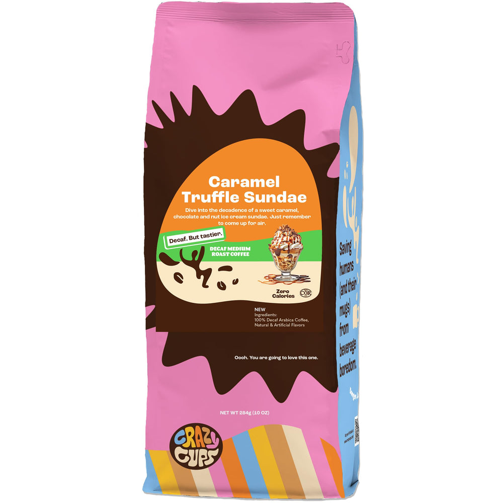 Crazy Cups decaf caramel truffle ground coffee bag with rich aroma for evening relaxation.