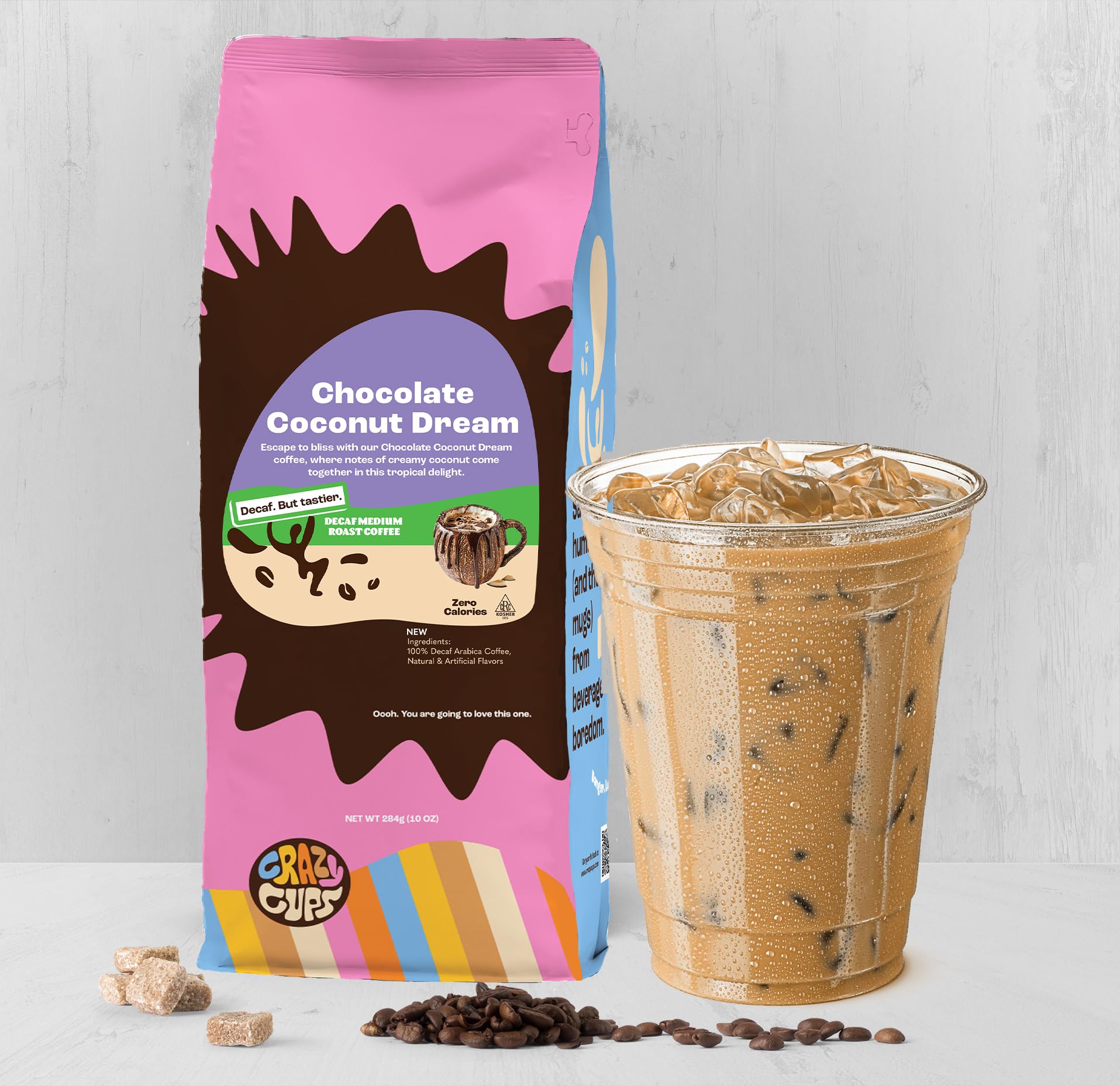 Crazy Cups Decaf Chocolate Coconut Dream packaging highlights natural flavors and sugar-free option.