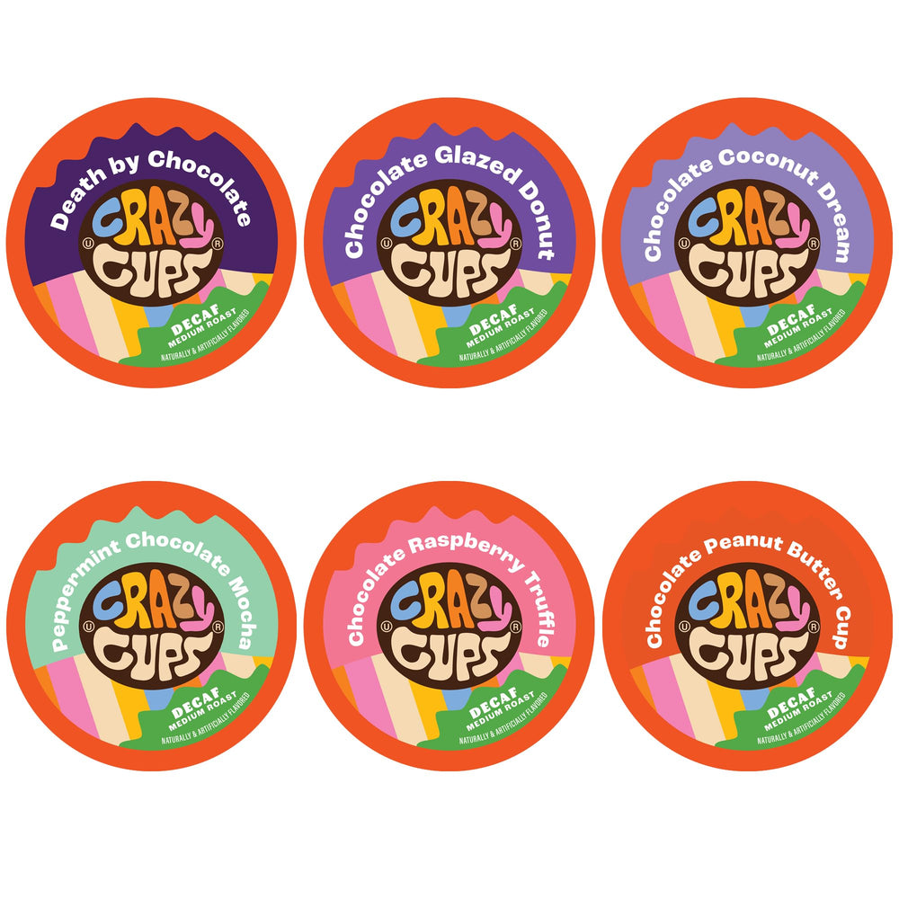 Crazy Cups decaf chocolate coffee pods in a box, ideal for Keurig machines.