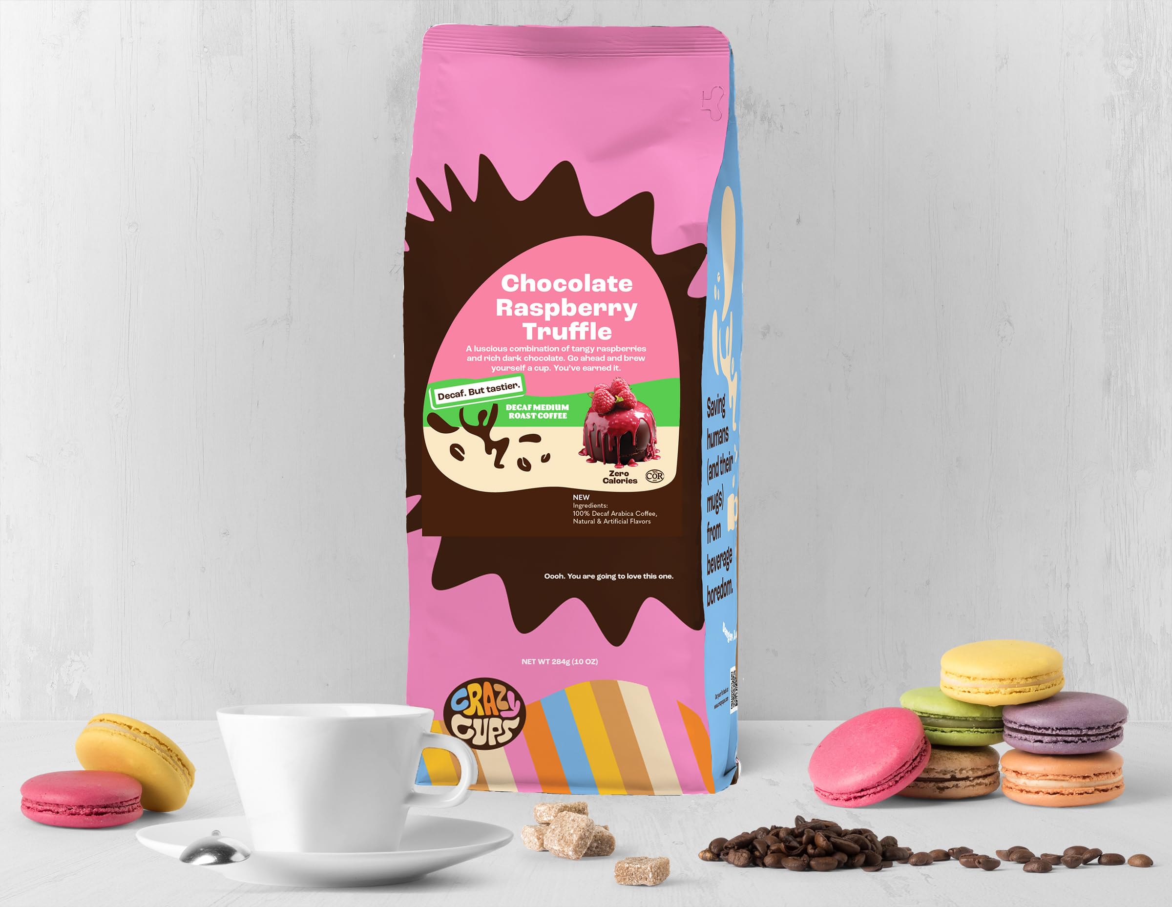Crazy Cups decaf chocolate raspberry coffee being poured with bold aroma