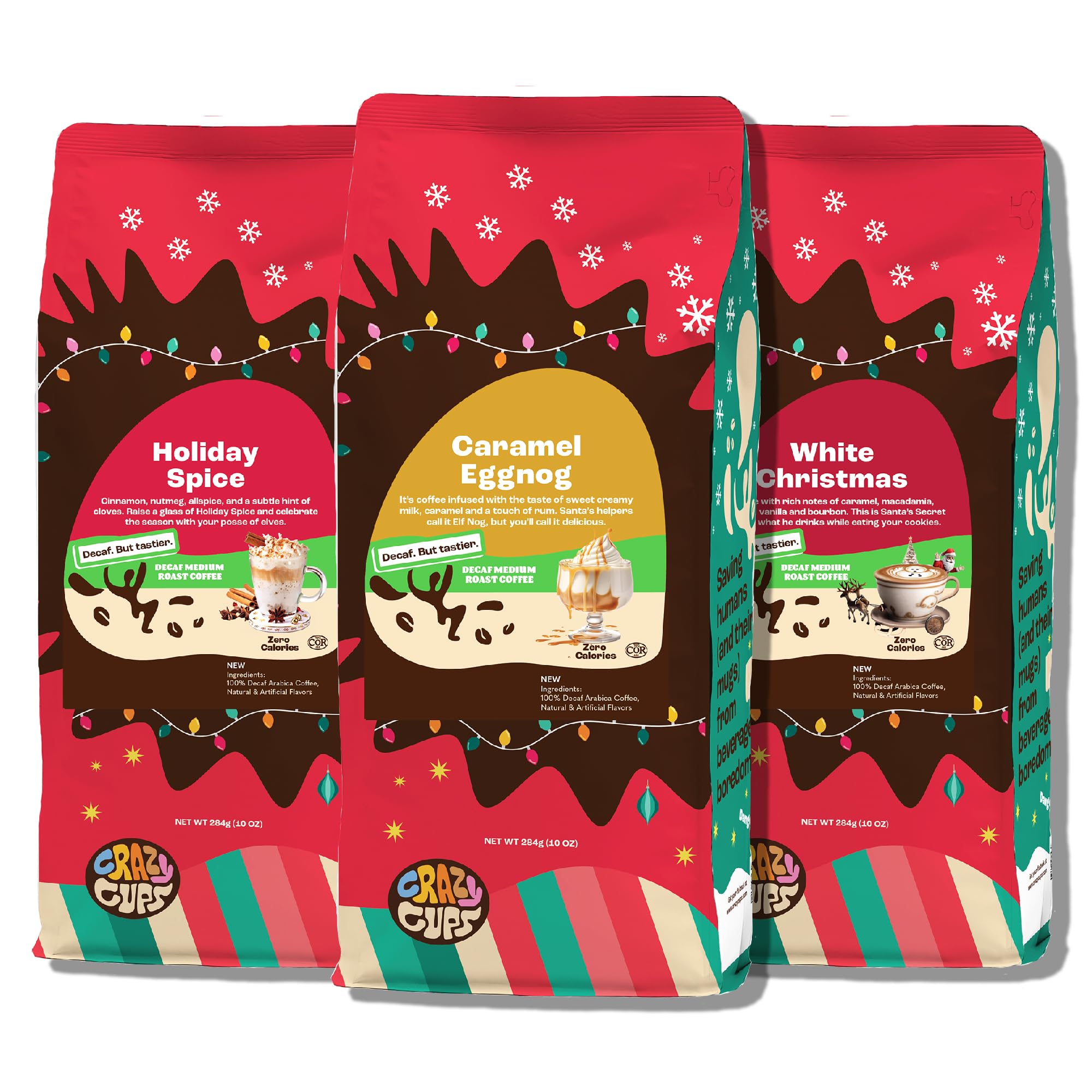 Crazy Cups decaf Holiday Spice coffee bag for a warm holiday morning