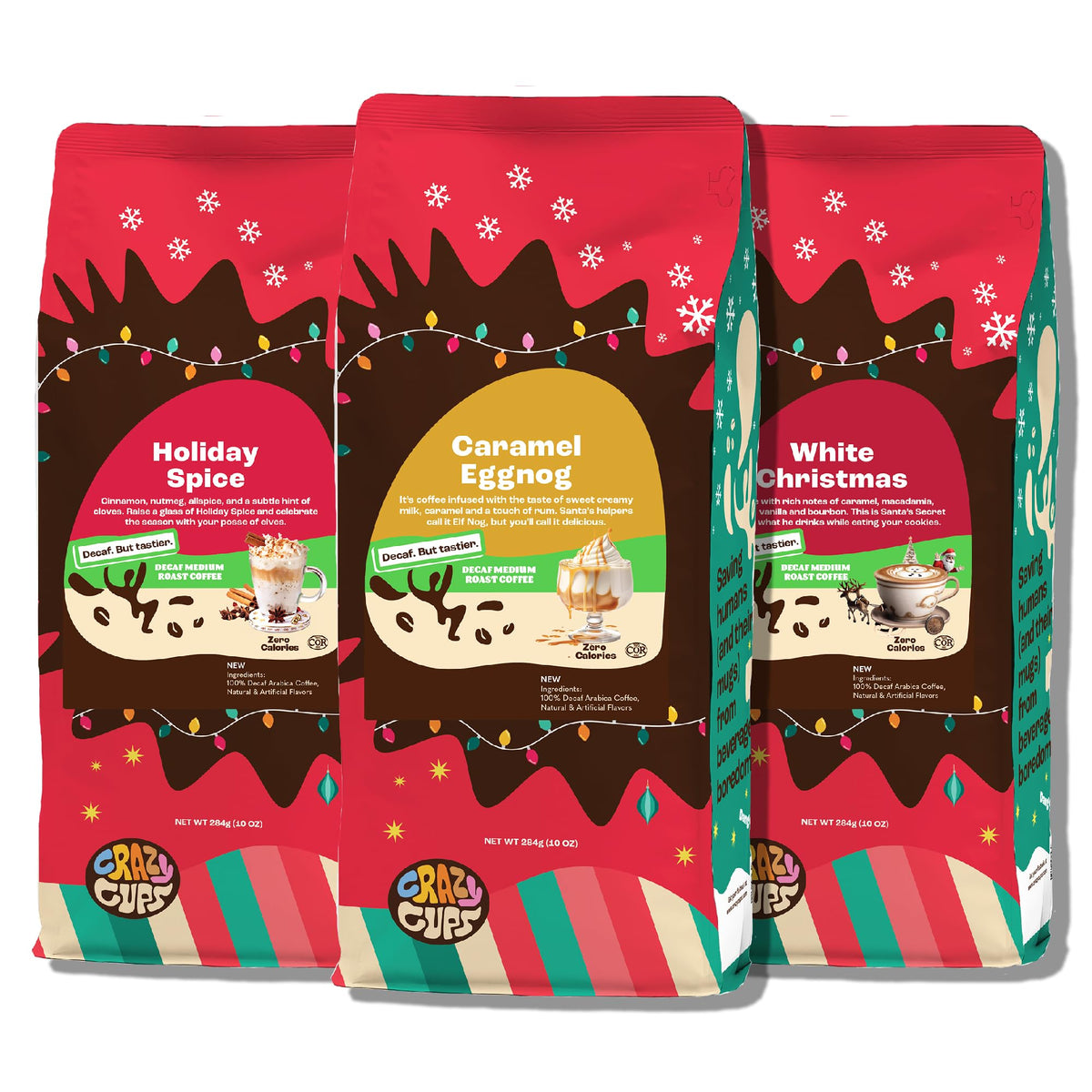 Crazy Cups decaf Holiday Spice coffee bag for a warm holiday morning