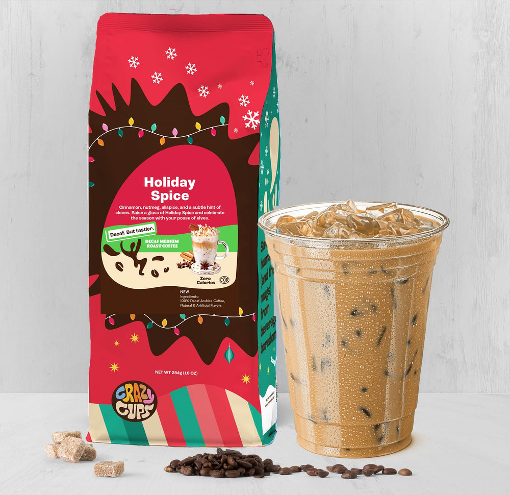 Crazy Cups decaf Holiday Variety Pack bag showcases multiple flavors for tastings