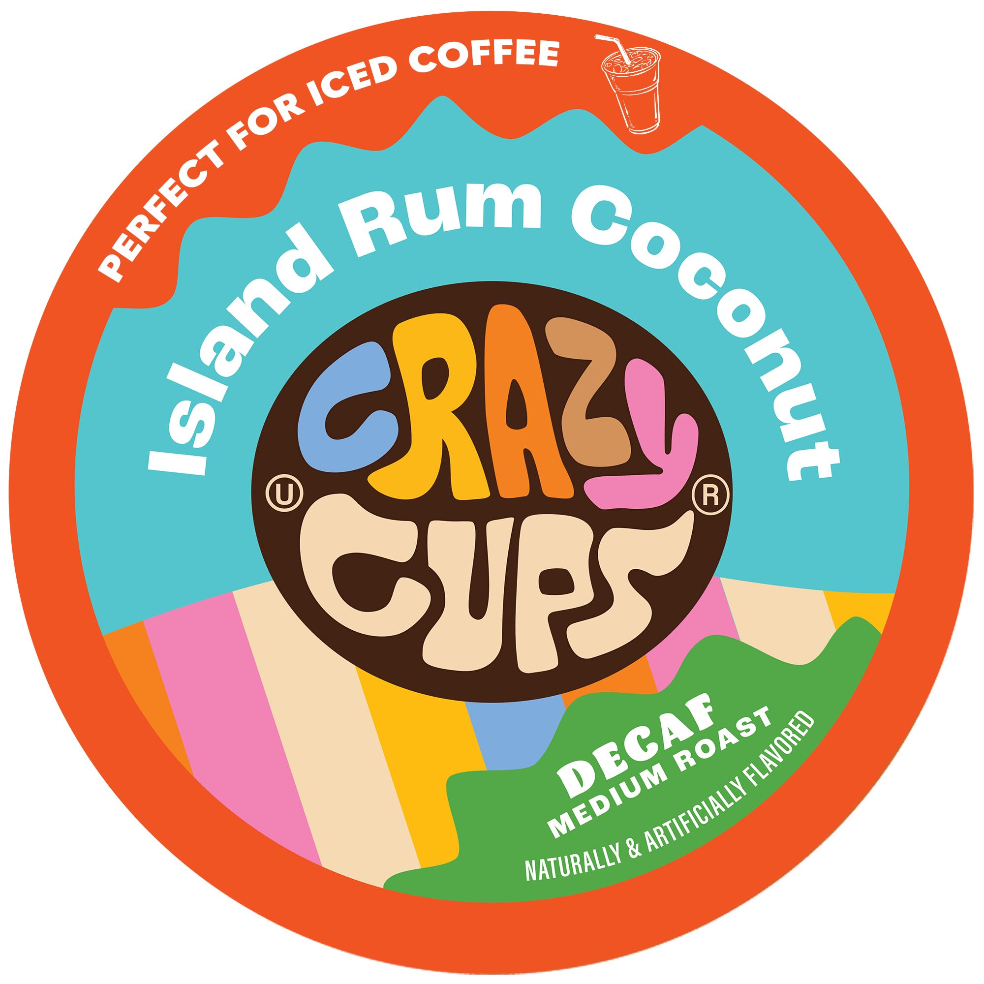 Crazy Cups decaf island coconut rum pod pack for K-cup brews, tropical flavor without caffeine.
