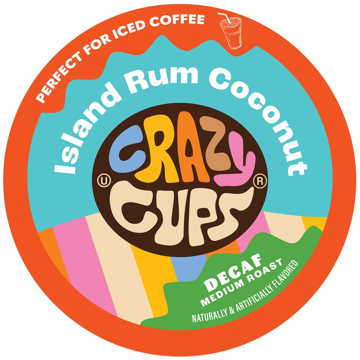 Crazy Cups decaf island coconut rum pod pack for K-cup brews, tropical flavor without caffeine.