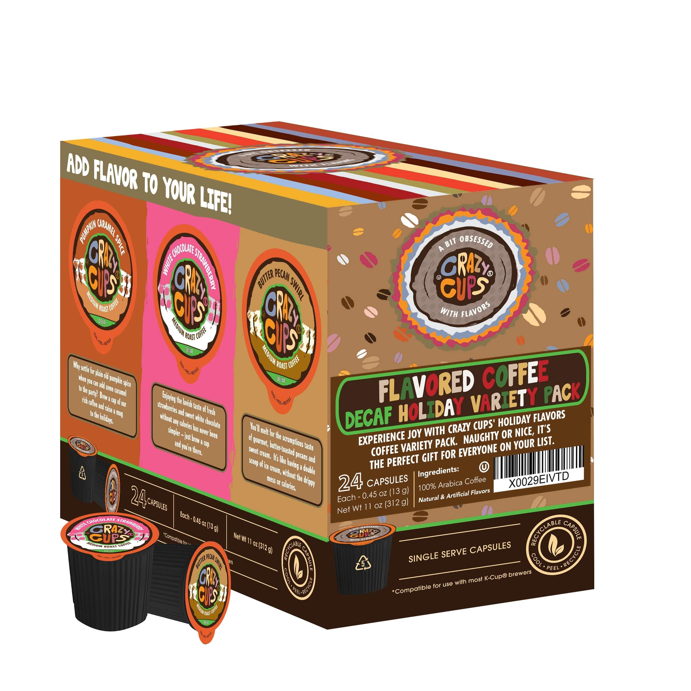 Crazy Cups decaf K-Cups lineup ready for quick, flavorful mornings or afternoon breaks.