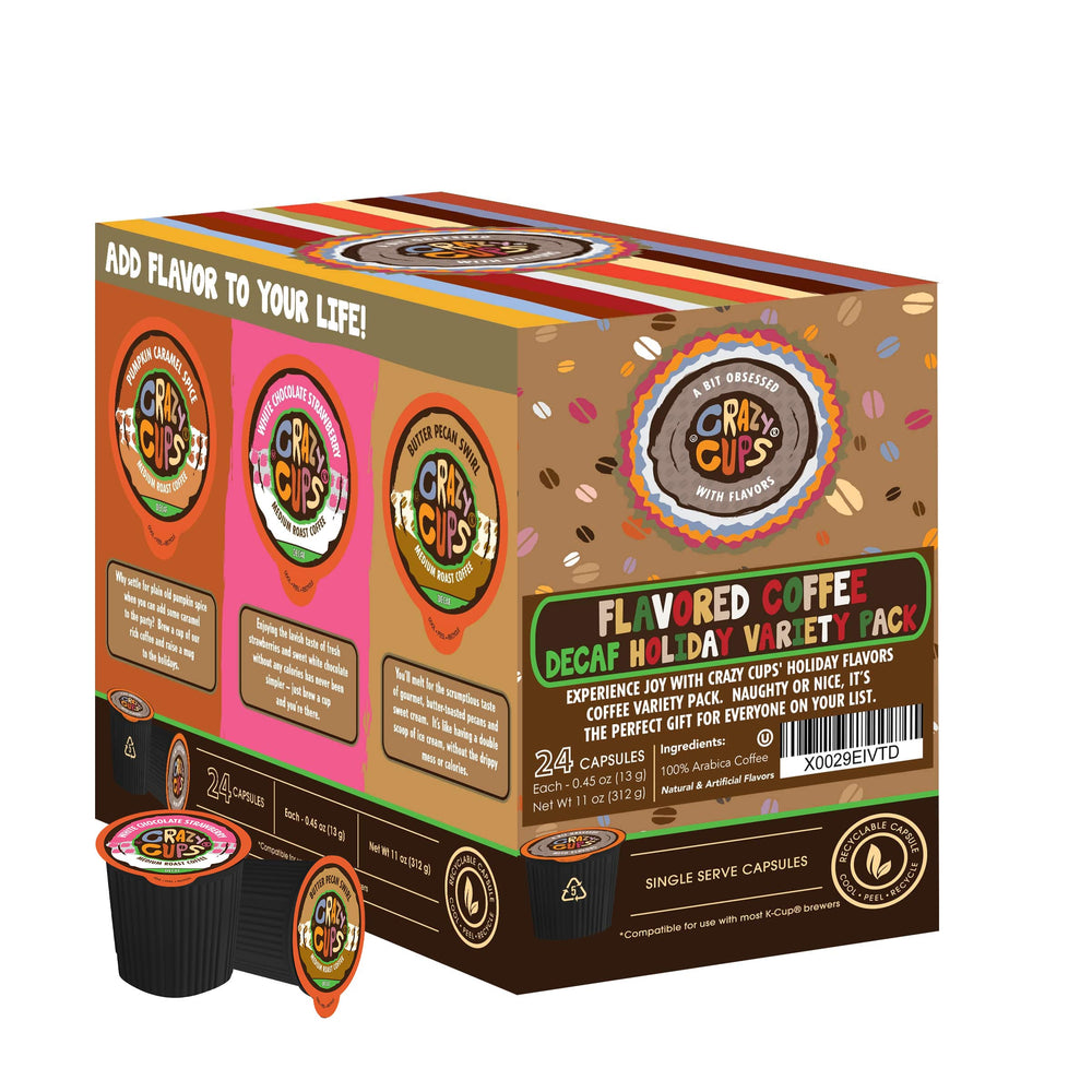 Crazy Cups decaf K-Cups lineup ready for quick, flavorful mornings or afternoon breaks.