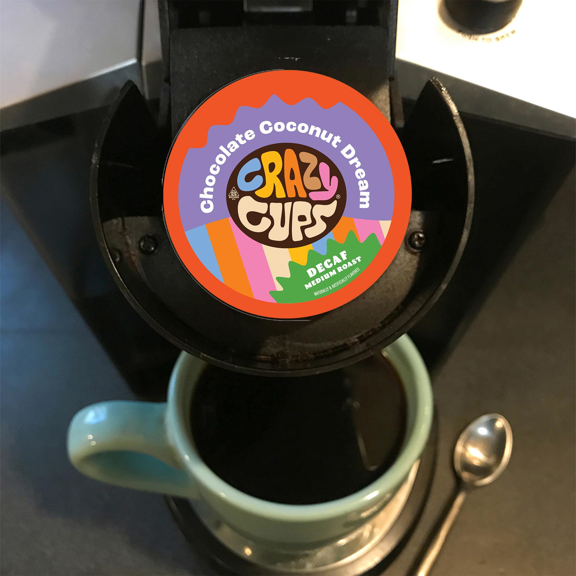 Office break-room setup with Crazy Cups decaf pods for quick boosts